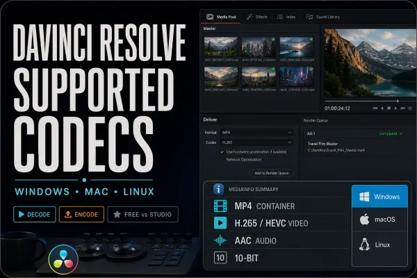 DaVinci Resolve Media Pool and Deliver page with MP4, HEVC, AAC and operating system codec checks