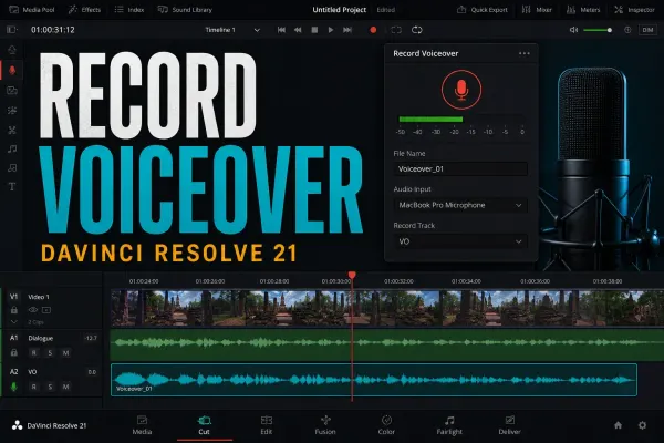 DaVinci Resolve 21 Voiceover panel recording a microphone waveform to a VO timeline track