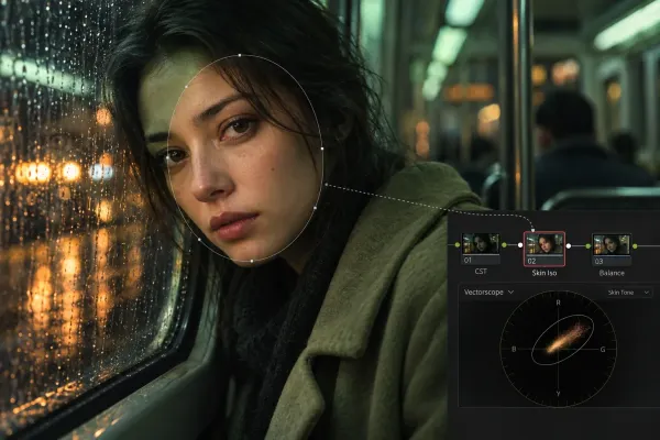 Face correction isolated by a soft Power Window, with color nodes and a vectorscope showing the skin-tone trace