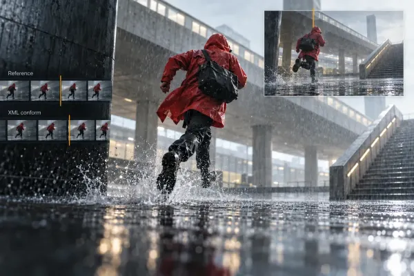 Rainy running shot compared between a reference sequence and its XML conform timeline