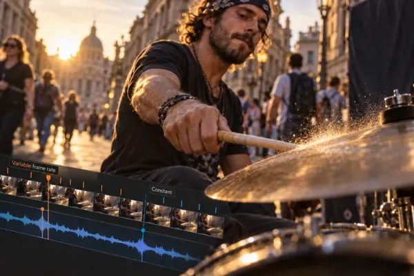 Street drummer above a video and audio timeline with variable and constant frame markers falling out of alignment