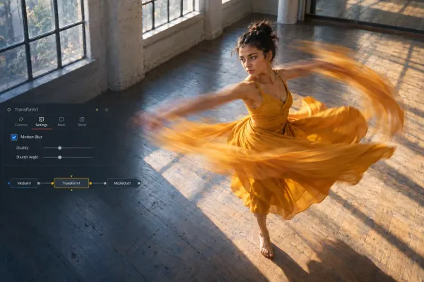 Dancer in motion with Fusion Transform Settings showing Motion Blur enabled and its node chain