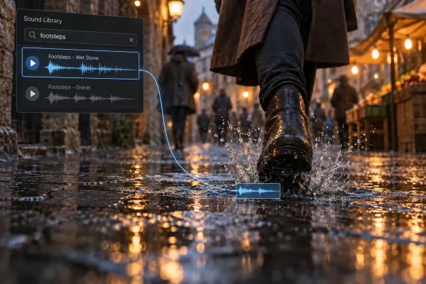 Wet footsteps alongside Sound Library search results with the matching sound waveform selected