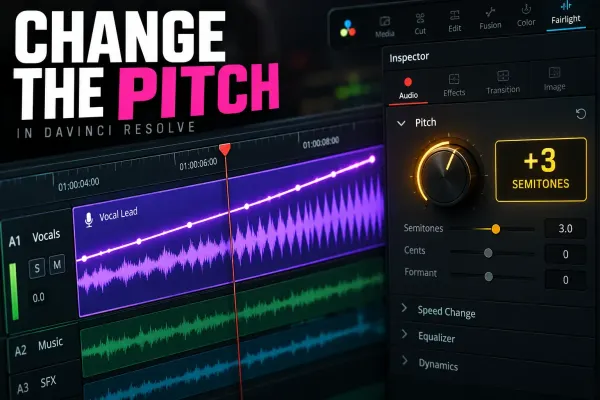 DaVinci Resolve Fairlight page with pitch controls open beside a selected audio waveform