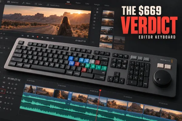 DaVinci Resolve Editor Keyboard with metal search dial beside an active editing timeline