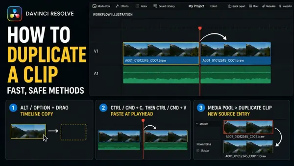 Three ways to duplicate a clip in DaVinci Resolve: modifier drag, paste and Media Pool duplicate