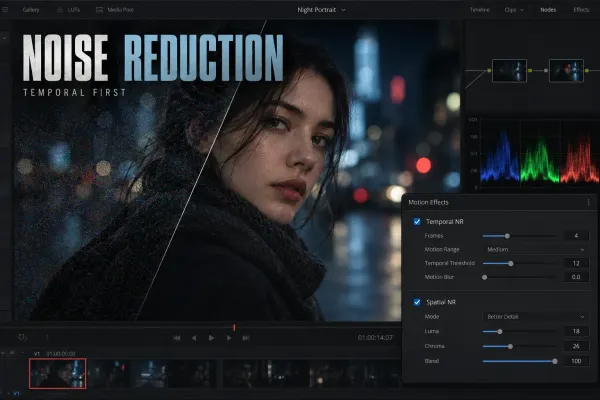 DaVinci Resolve interface comparing noisy and cleaned low-light footage with Temporal and Spatial NR controls