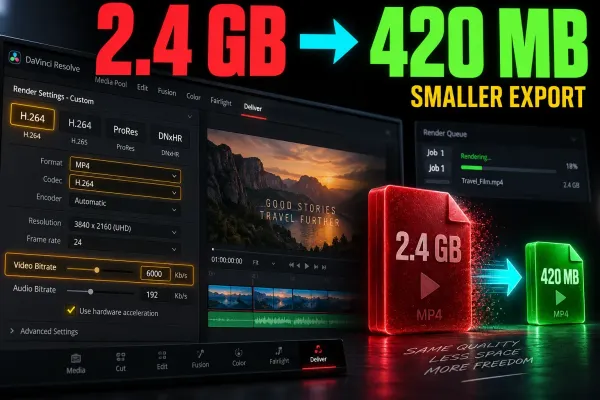 DaVinci Resolve Deliver page with bitrate resolution and estimated file size settings visible