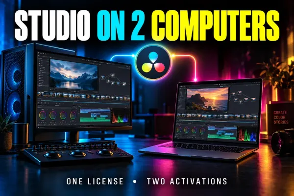 DaVinci Resolve Studio activation workspace showing two authorized computer sessions