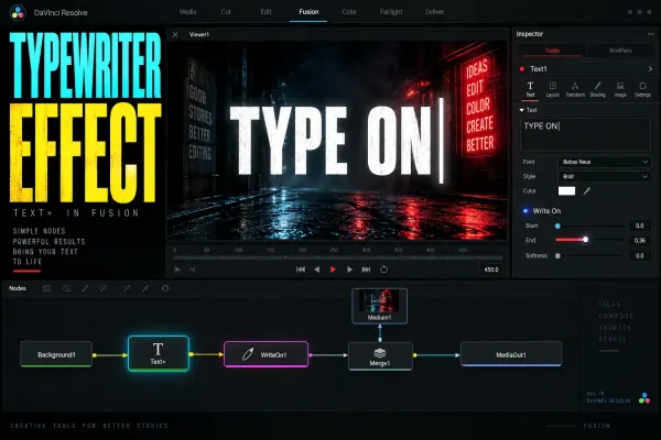 DaVinci Resolve Text Plus title with Write On controls and keyframes for a typewriter effect