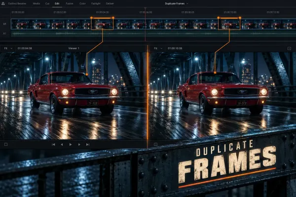 DaVinci Resolve timeline and two matching car frames connected by duplicate-frame markers