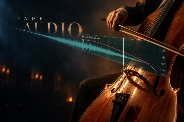 Cellist with a DaVinci Resolve audio waveform and descending fade curve toward silence