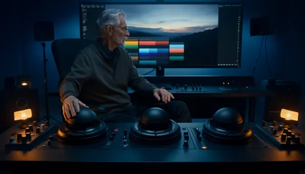 Colorist at a grading console with three large wheels, a monitor showing a mountain scene and tonal color controls