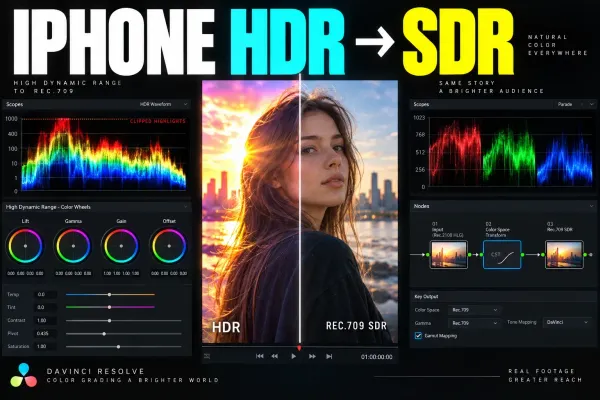 DaVinci Resolve Color page mapping an iPhone HDR clip to SDR with a color space transform node