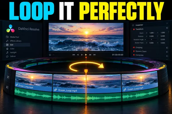 DaVinci Resolve Edit timeline with three copies of a short clip arranged as a seamless loop