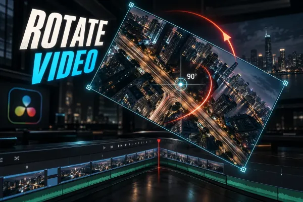 DaVinci Resolve Viewer showing a city clip rotated 90 degrees with transform handles