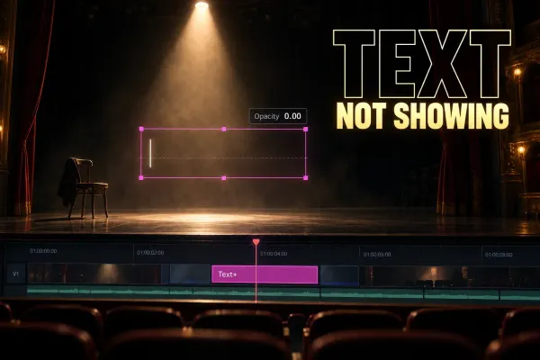 DaVinci Resolve Text+ clip over a theater stage with an empty text box and opacity set to 0.00