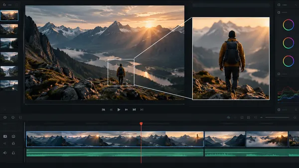 DaVinci Resolve Viewer showing a mountain hiker framed for a controlled zoom