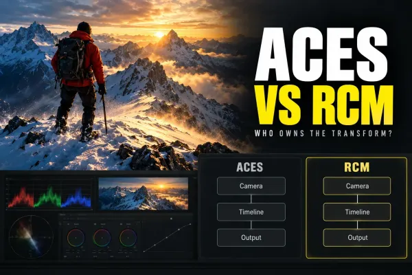 Mountain guide in a red jacket on a snowy ridge at sunrise, above two pipelines, ACES and RCM, each with Camera, Timeline and Output boxes, the RCM column outlined in yellow