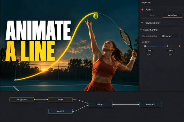 A yellow line follows an open path over a tennis shot, with Fusion’s PolylineStroke1 Write On controls and Paint-to-Merge nodes.
