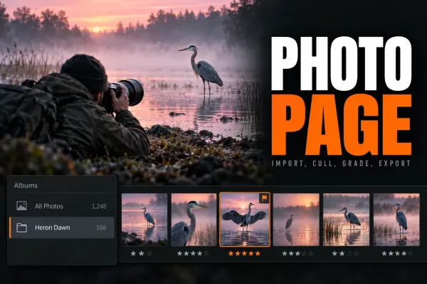 Photographer lying on the ground aiming a telephoto lens at a heron at a misty lake, beside an Albums sidebar, above a filmstrip with star ratings and one flagged photo