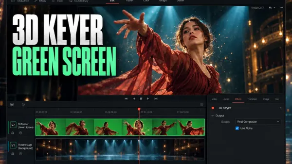 Rust-costumed performer over a teal-lit theatre in Resolve’s viewer, above V2 foreground and V1 background clips with Use Alpha enabled.