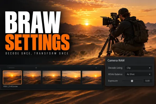Cinematographer behind a cinema camera on a desert dune at sunrise, above a clip strip and a Camera RAW panel with Decode Using Clip, White Balance As Shot and Exposure