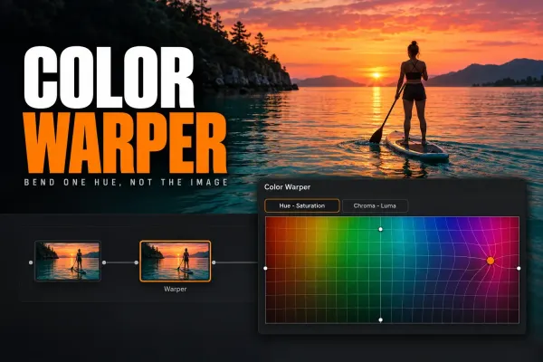 Paddleboarder on a bay at sunset, above a Warper node and Color Warper in Hue - Saturation mode with a rainbow hue grid bent around one orange control point