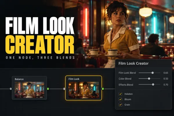 Waitress carrying coffee in a night diner, above Balance and Film Look nodes and a Film Look Creator panel with three blend sliders and Halation, Bloom and Grain ticked