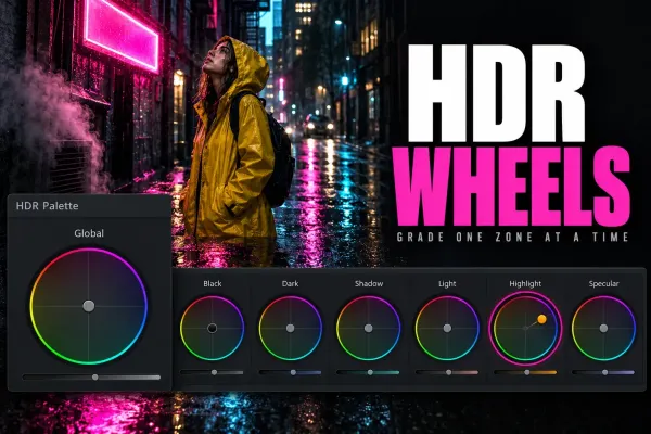 Woman in a yellow raincoat on a neon-lit wet street, above an HDR Palette with a Global wheel and Black, Dark, Shadow, Light, Highlight and Specular wheels