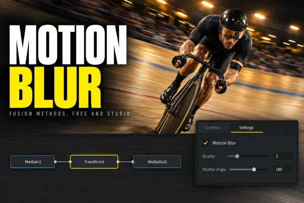 Track cyclist leaning into a velodrome curve with the background streaked by motion blur, above MediaIn1, Transform1 and MediaOut1 nodes and a Settings panel with Motion Blur ticked