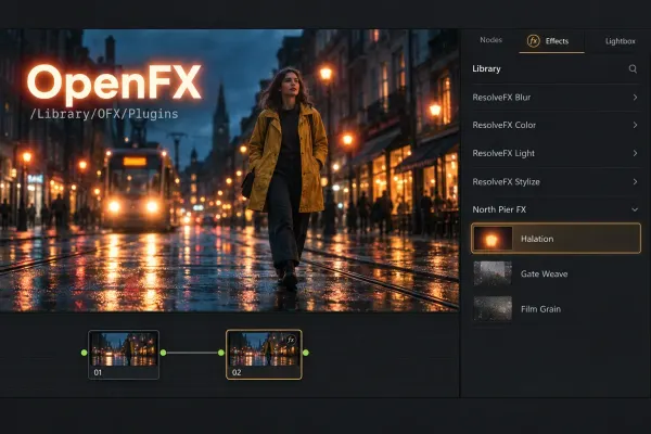 Wet tram street at blue hour with a woman in a mustard raincoat, beside a Color page Effects panel where Halation is selected under a North Pier FX plugin header