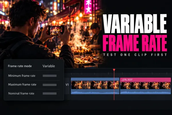 Man filming a night street market on his phone, beside a Frame rate mode Variable panel, above a timeline where the _CFR_TEST copy shows evenly spaced frames