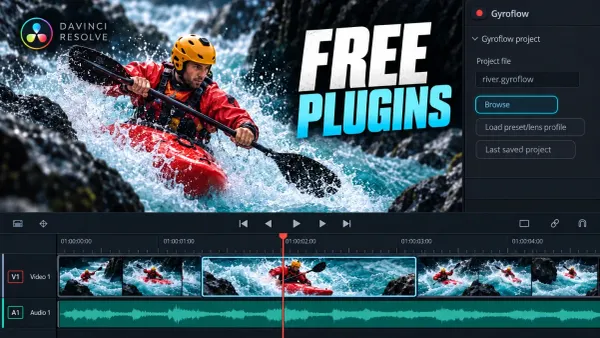Kayaker on turquoise rapids above a Resolve timeline, with Gyroflow's Browse control for loading a project and a Free Plugins title.