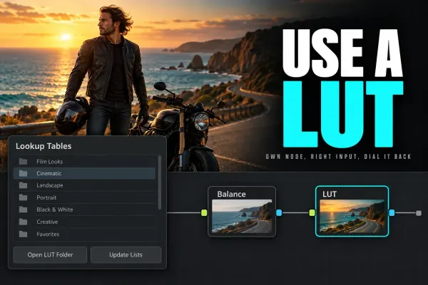 Motorcyclist beside a bike on a coastal highway at golden hour, beside a Lookup Tables panel with Open LUT Folder and Update Lists, above Balance and LUT nodes