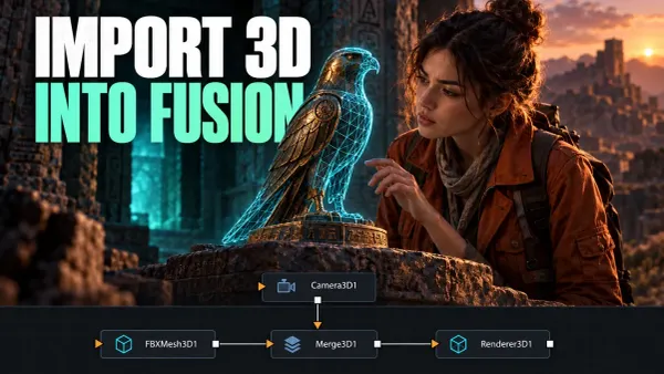 An archaeologist studies a bronze mechanical falcon with cyan mesh detail in a Fusion viewer, above an FBX Mesh, Merge 3D and Renderer 3D node chain.