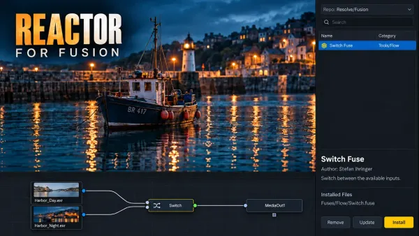 A harbor composite in Fusion beside Reactor’s Switch Fuse package, with a Reactor for Fusion headline.