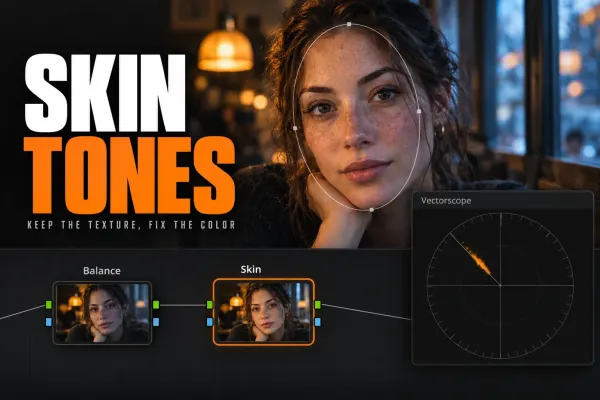 Freckled woman in a warm-lit cafe with an oval outline on her face, above Balance and Skin nodes and a vectorscope with a thin skin tone line