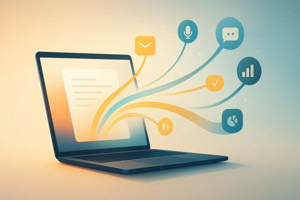 Minimalistische Illustration eines Laptops, aus dessen Bildschirm farbige Linien zu Symbolen für Video, Podcast und Social Media führen – Darstellung des Konzepts Content Recycling 2.0.