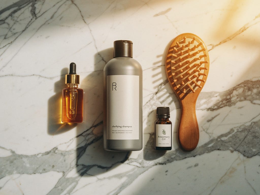Seasonal scalp care products flat lay on marble