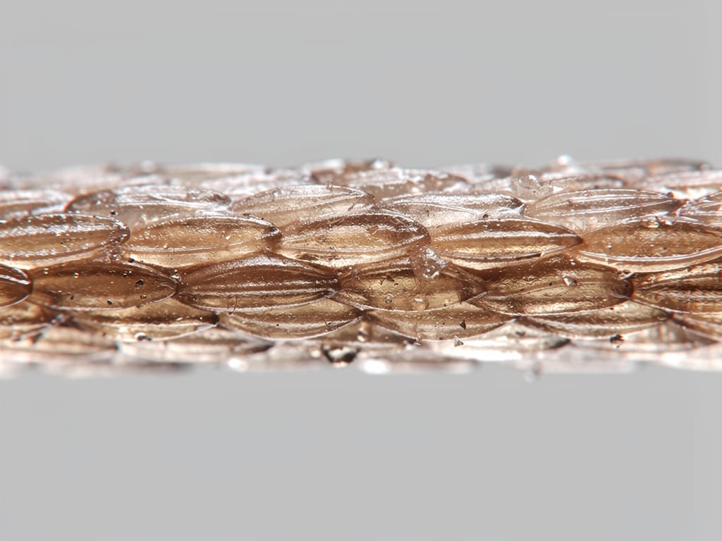 Close-up of a human hair strand showing cuticle and cortex layers