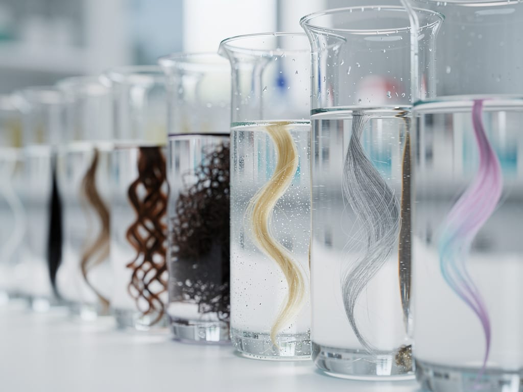 Different human hair strands suspended in scientific beakers