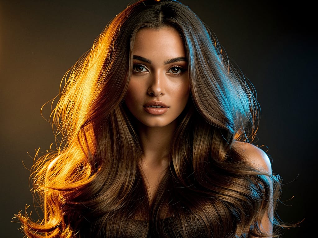 Woman with strong healthy natural hair in cinematic studio lighting