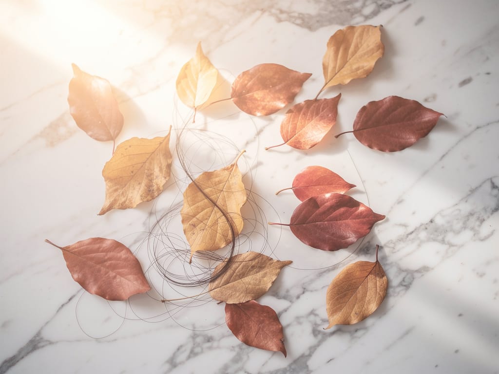 Autumn leaves and hair strands on white marble