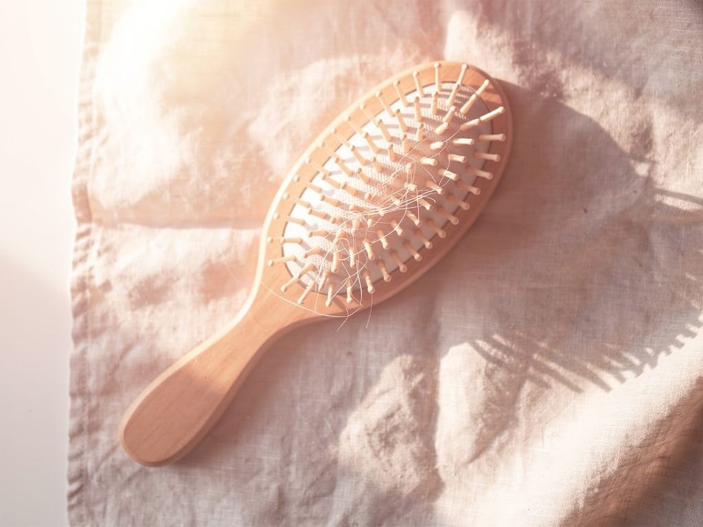 Natural bristle hairbrush with shed hairs on linen