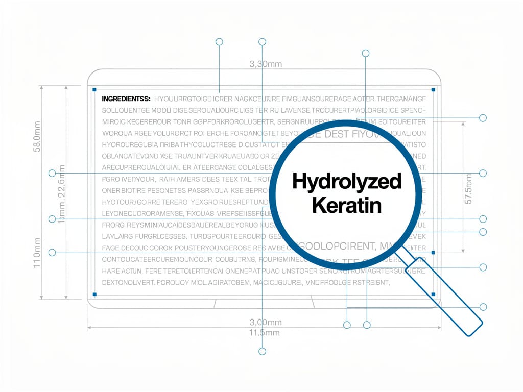Blueprint of a hair product ingredient list highlighting hydrolyzed keratin.