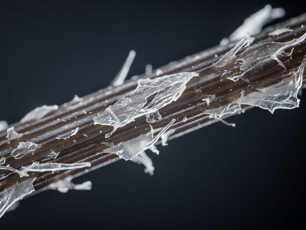 Close-up of a human hair strand showing cuticle scale structure under microscope
