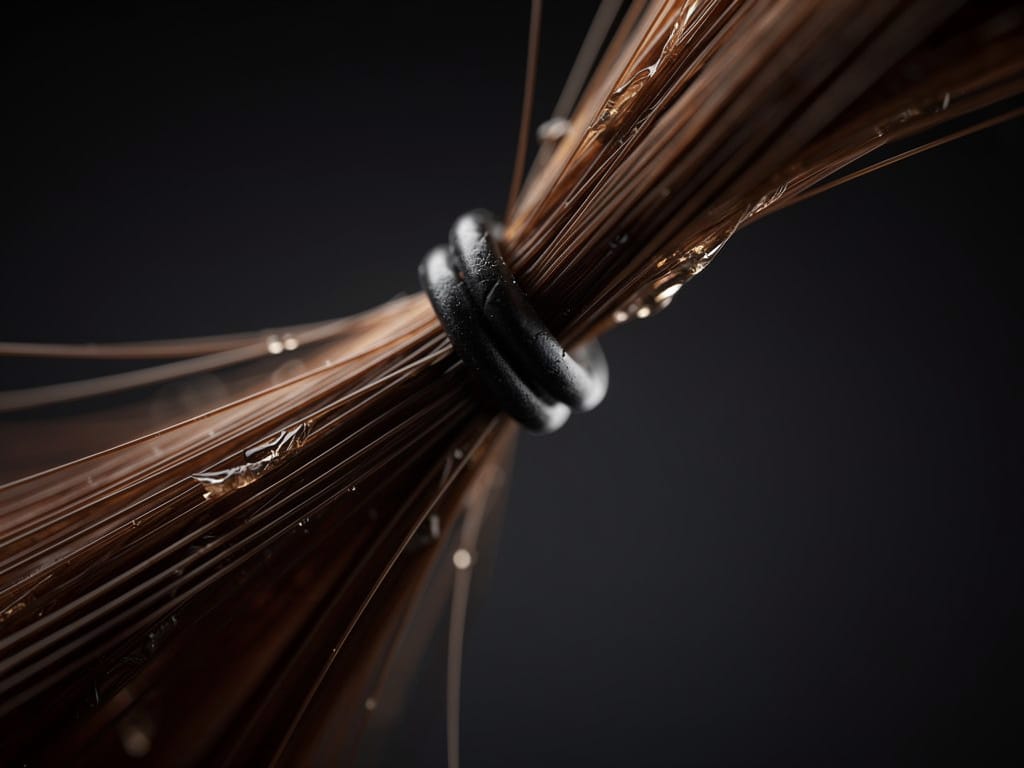 A close-up of a hair strand showing breakage from a hair tie
