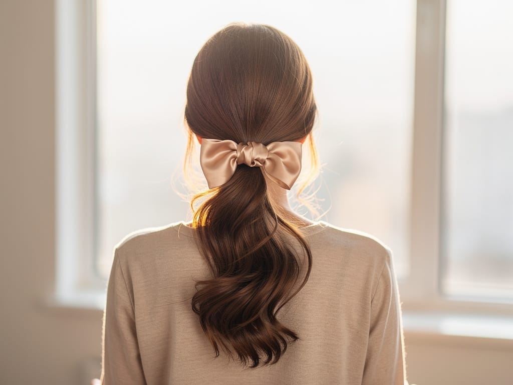 A woman with healthy hair in a low ponytail with a silk scrunchie