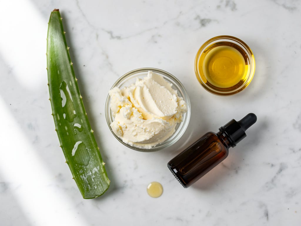 Natural hair care ingredients flat lay on marble surface